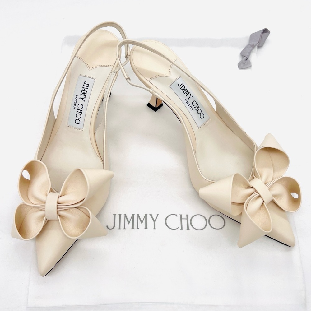 Jimmy Choo Statz Bow Pointed Toe Slingback Pumps Sandals Cream (38) 8 NWT